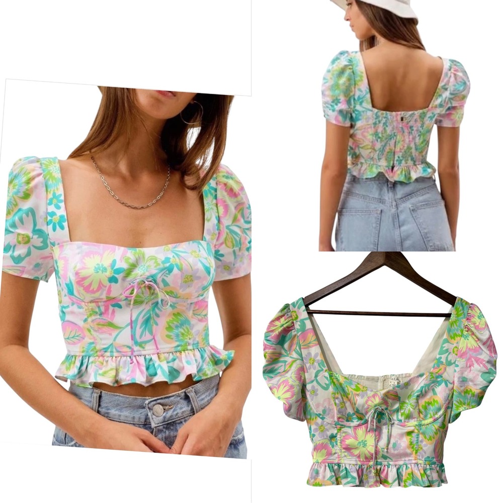 For Love & Lemons Olivia Corset Crop Top Womens S Floral Smocked Feminine AOP